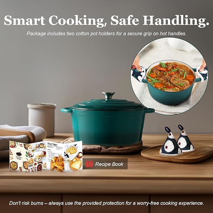 Overmont Enameled Cast Iron Dutch Oven - 4.5QT Pot with Lid Cookbook & Cotton Potholders - Heavy-Duty Cookware for Braising, Stews, Roasting, Sourdough Baking bottle green - Image 6