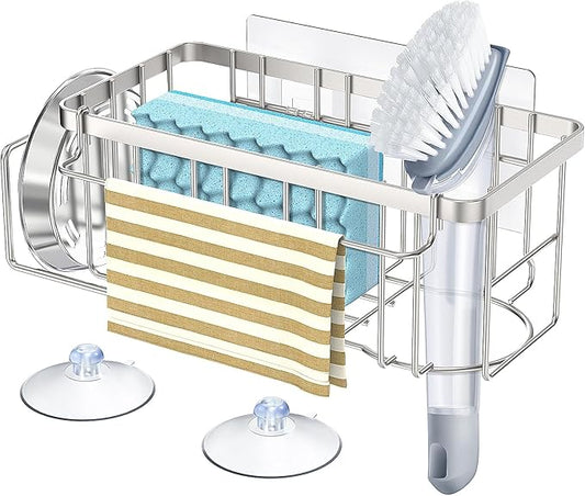 StorageRight 4-in-1 Sponge Holder for Kitchen Sink, Sink Caddy Organizers and Storage with Adhesive Hook & Suction Cups, Rustproof Kitchen Sink Organizer for Home Decor - Silver by StorageRight