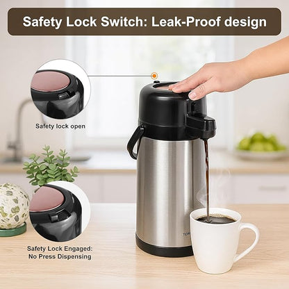 TOMAKEIT Airpot Coffee Carafe for Keeping Hot,102oz/3L Coffee Dispenser Thermal with Pump,Insulated Stainless Steel Hot Beverage Dispenser for Parties,Thermal Carafe for Hot Drinks Water Tea Chocolate - Image 5