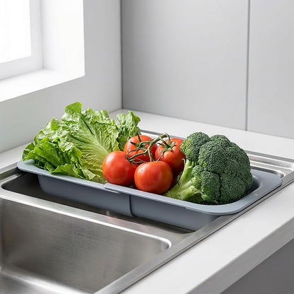 Expandable Over Sink Strainer for Kitchen Sink, Adjustable Sink Colander Basket, Kitchen Sink Strainer for Washing Fruits, Vegetables, Dishes & Utensils, Space Saving Drain Basket, Gray