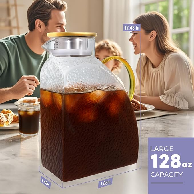 WARMSIMPLE Glass Pitcher With Lid,1 Gallon Glass Water Pitcher For Fridge, 128OZ glass pitchers With Handle And Lid, Hot And Cold pitchers, Large Carafe Jug For Iced Tea Juice Coffee Milk - Image 6