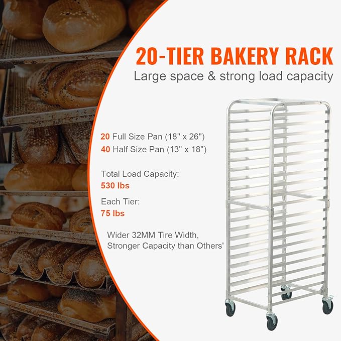 VEVOR Bun Pan Rack, 20-Tier Commercial Bakery Racks with Brake Wheels, Aluminum Racking Trolley Storage for Half & Full Sheet, Speed Rack For Kitchen Home, Bread Baking Equipment, 26"L x 20.4"W x 70"H - Image 3