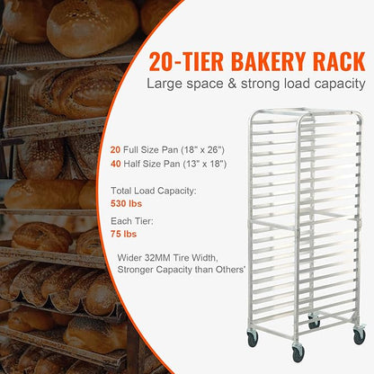 VEVOR Bun Pan Rack, 20-Tier Commercial Bakery Racks with Brake Wheels, Aluminum Racking Trolley Storage for Half & Full Sheet, Speed Rack For Kitchen Home, Bread Baking Equipment, 26"L x 20.4"W x 70"H - Image 3
