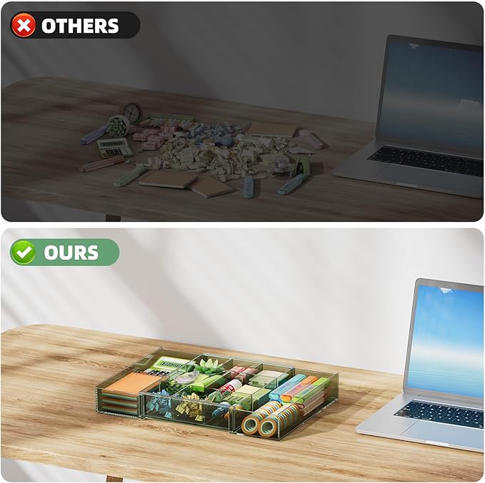 Marbrasse Expandable Desk Drawer Organizer, Clear Plastic Drawer Organizer Tray with 10 Adjustable Compartments, Desk Organizers and Accessories, 5 Drawer Dividers for Office Supplies(Clear Green) - Image 9
