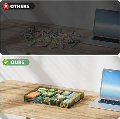 Marbrasse Expandable Desk Drawer Organizer, Clear Plastic Drawer Organizer Tray with 10 Adjustable Compartments, Desk Organizers and Accessories, 5 Drawer Dividers for Office Supplies(Clear Green) - Image 9