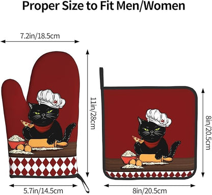 Cat Pot Holders and Oven Mitts - Red Cooking Gloves Hot Pads for Kitchen Fun Chef Gifts for Cooking Lover Cooks - Image 3