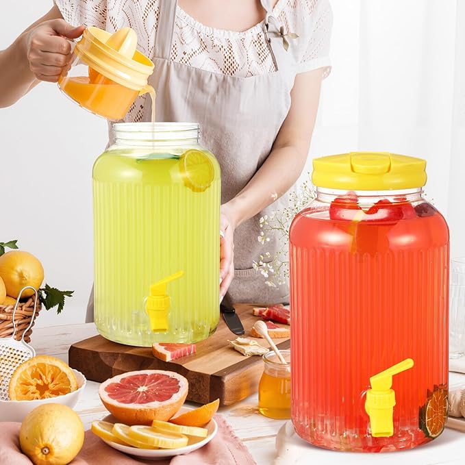 SiliFine 2 Pieces 1 Gallon Plastic Beverage Dispenser with Spigot Striped Clear Large Drink Beverage Dispenser Summer Fridge Water Container with Tap for Party Iced Tea, Sangria, Lemonade(Yellow)