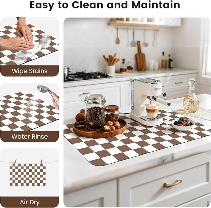 17" x 32" Checkered Dish Drying Mat for Kitchen Counter, Absorbent Coffee Bar Mat for Espresso Machine Coffee Countertops Accessories, Coffee Brown - Image 7