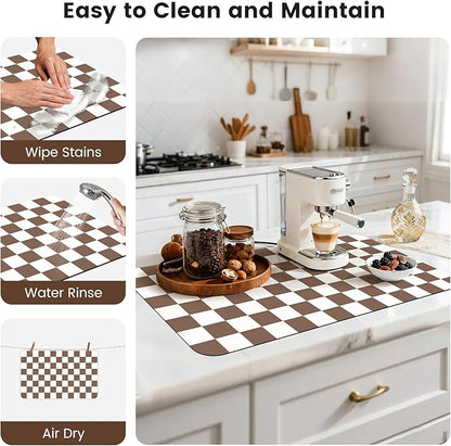 17" x 32" Checkered Dish Drying Mat for Kitchen Counter, Absorbent Coffee Bar Mat for Espresso Machine Coffee Countertops Accessories, Coffee Brown - Image 7
