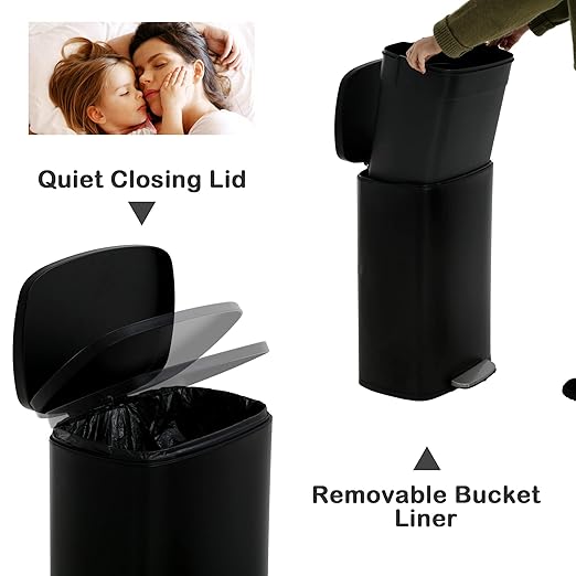 50 Liter / 13 Gallon Kitchen Trash Can with Lid, Stainless Steel Foot Pedal and Plastic Inner Bucket, Fingerprint-Resistant Soft Close Lid Garbage Can, Odor Proof Hygienic, Black, Gallom - Image 3