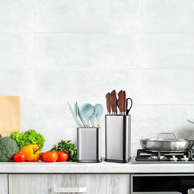 RedCall Stainless Steel Kitchen Utensil Holder for Countertop, Spoon Spatula Organizer,Modern Rectangular Large Cooking Utensil Caddy Counter,Utensil Crock Silver - Image 6