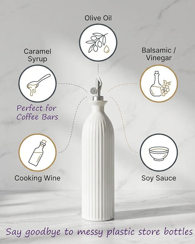 Ceramic Olive Oil Dispenser Bottle,17 oz Stoneware Relief oil container for kitchen with Stainless Gravity Spout, Suitable for Cooking,Sauce,syrup - Reactive White