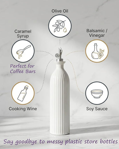 Ceramic Olive Oil Dispenser Bottle,17 oz Stoneware Relief oil container for kitchen with Stainless Gravity Spout, Suitable for Cooking,Sauce,syrup - Reactive White