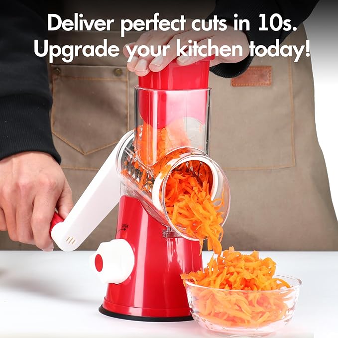 Rotary Cheese Grater Shredder, Speed Kitchen Manual Round Mandolin Slicer Safe Grinder with 3 Interchangeable Blades for Nuts, Carrot, Hashbrown, Garlic, Walnut, Potato, Chocolate (Red) - Image 8