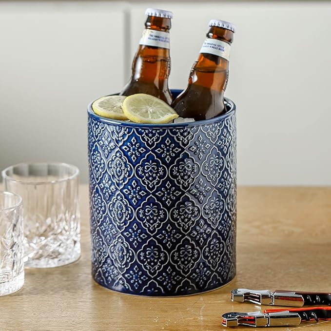 KOOV Kitchen Utensil Holder, Large Utensil Holders for Countertop, 6 x 7 Inches Ceramic Utensil Crock, Deep and Stable, Cooking Utensil Holder, Embossed Pattern (BLue) - Image 6