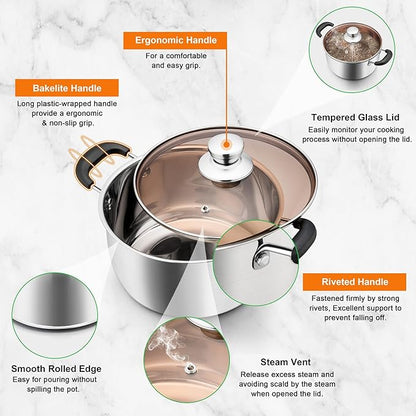 P&P CHEF 4 Qt Stockpot with Lid, Stainless Steel Cooking Stock Pot for Soup, Heat-Proof Double Handles with Visible Lid, Dishwasher Safe & Healthy, 1-Ply Metal