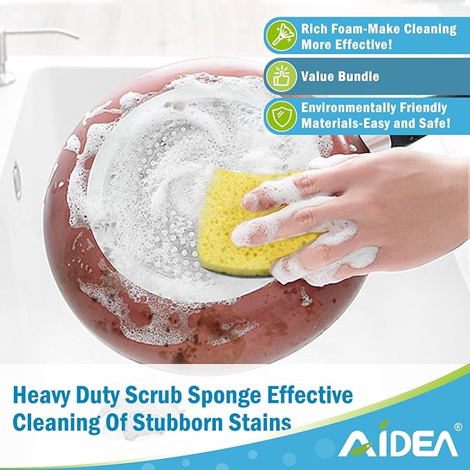 AIDEA Sponges Kitchen, Heavy Duty Scrub Sponge, 6Count, Sponges for Dishes, Cellulose Kitchen Sponge, Scrubbing Power for Tough Messes, Cleaning Power for Non Coated Cookware, Dishes, Pots, Pans - Image 5