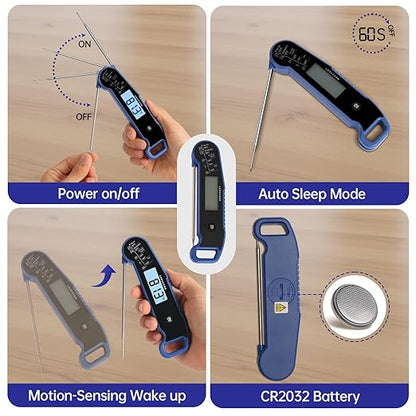 Lonicera Digital Meat Thermometer for Food Cooking. Instant Read Within 1 Sec and ±0.9℉ Accuracy with Thermocouple Sensor. IP67 Waterproof, Auto-Rotating Display, Auto Wake up (Blueberry)