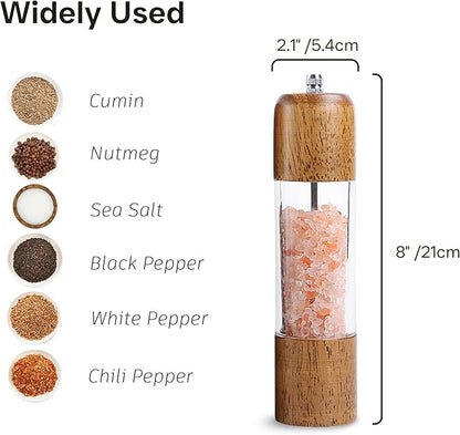 Wooden Salt and Pepper Grinder Set, Premium Oak Wood Salt Grinders Shakers, Pepper Mill with Acrylic Clear Window, Adjustable Ceramic Grinder - 8 inches, 2 Pack