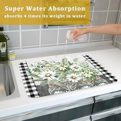 Spring Summer Daisy Floral Dish Drying Mat for Kitchen Counter Watercolor Flowers Absorbent Dishes Drainer Rack Mat 18x24 Inch Microfiber Dish Drying Pads Spring Kitchen Drying Dishes Pad Countertops
