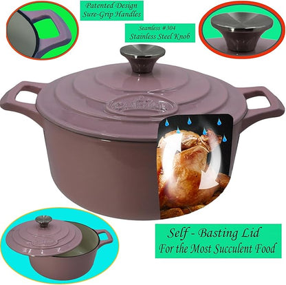 La Cuisine Enameled Cast Iron Dutch Oven Casserole Dish Pot with Lid, 3.7 QT 9.5" /24cm Dia. Cream White Enamel Coating Interior, Pink, Oven-Safe, Induction Cooktop Compatible