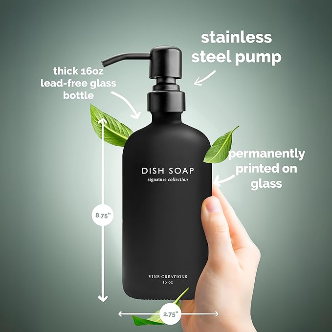 Vine Creations Black Glass Soap Dispenser Set, Dish Soap and Hand Soap Dispenser Set with Stainless Steel Pump, 16 oz Glass Dispensers for Kitchen Bathroom Decor (Matte Black Bottle/Matte Black Pump) - Image 5