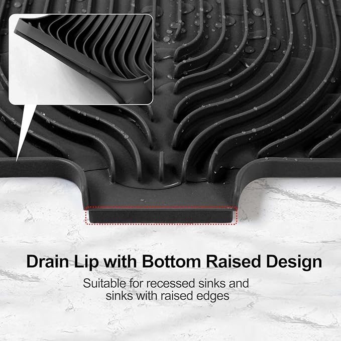 Dish Drying Mat for Kitchen Counter, with Built-in Drain Lip, Food-Grade Silicone, Easy Clean Pad for Countertop Protection, Multi-Functional Use (18 x12 Raised Sink, Black) - Image 6
