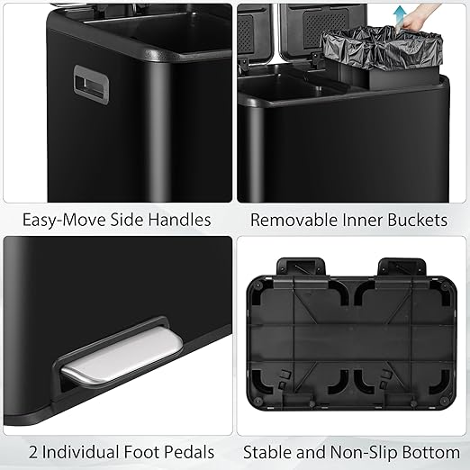 SUPER DEAL Kitchen Trash Can, 16 Gallon 60L Dual Garbage and Recycling Can with Foot Pedal for Kitchen, Living Room, Office, Removable Inner Buckets Soft Close Lid Odor Proof, Stainless Steel, Black