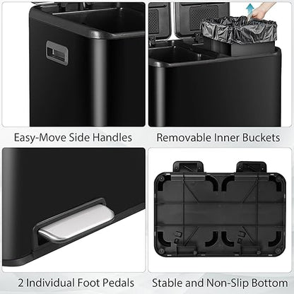SUPER DEAL Kitchen Trash Can, 16 Gallon 60L Dual Garbage and Recycling Can with Foot Pedal for Kitchen, Living Room, Office, Removable Inner Buckets Soft Close Lid Odor Proof, Stainless Steel, Black