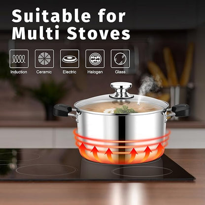 8 Quart 3-Ply Cooking Stock Pot with Lid, P&P CHEF Stainless Steel Large Pot for Pasta Soup, Work on Multi Stove, Heavy Duty & Dishwasher Safe, Dual Heat-resistant Handles & Transparent Glass Lid - Image 7