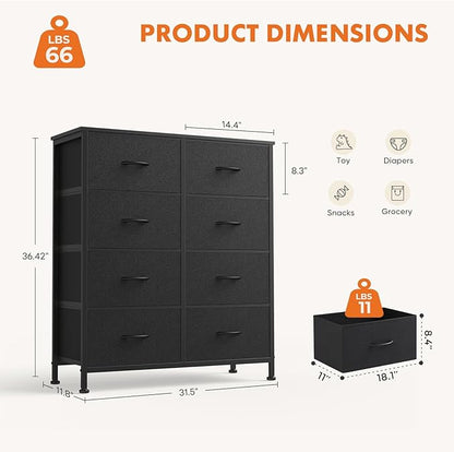 Sweetcrispy Dresser, Dresser for Bedroom Drawer Organizer Storage Drawers, Fabric Storage Tower with 8 Drawers, Chest of Drawers with Steel Frame, Wood Top for Living Room, Closet,Ink