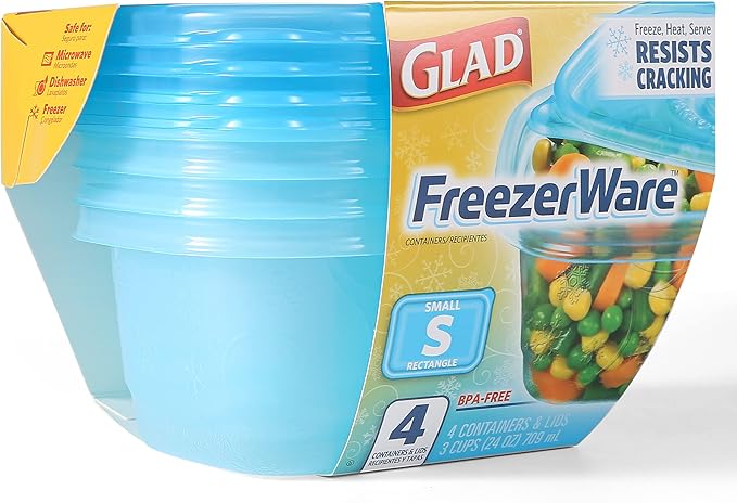 Glad GladWare FreezerWare Food Storage Containers with Lids, Small Rectangle BPA Free Plastic for Freezing Soups and Meal Prep, Crack Resistant, Microwave Dishwasher Safe, 24 Oz, 4 Count - 6 Pack