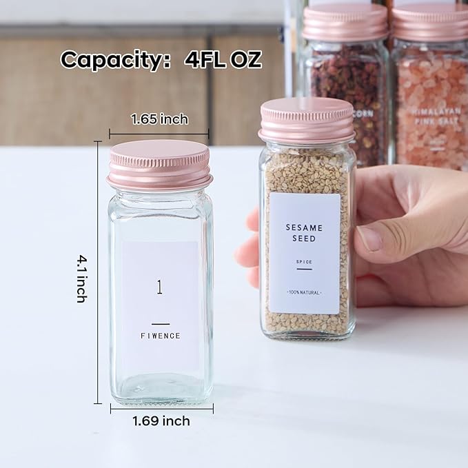 48 Pcs Glass Spice Jars with Labels and Pink Metal Caps, 4oz Empty Spice Containers with Shaker Lids, Funnel, Pen,Seasoning Storage Bottles for Spice Rack, Cabinet, Drawer - Image 2