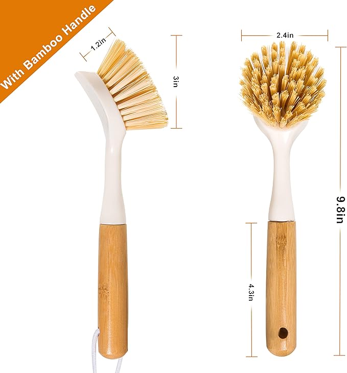 FunCee 2 Pack Kitchen Dish Brushes with Bamboo Handle, Dish Scrubber Built-in Scraper, Scrub Brush for Pans, Pots, Counter & Kitchen Sink Cleaning, Dishwashing and Cleaning Brush Tools, White - Image 7