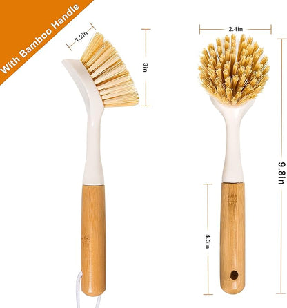 FunCee 2 Pack Kitchen Dish Brushes with Bamboo Handle, Dish Scrubber Built-in Scraper, Scrub Brush for Pans, Pots, Counter & Kitchen Sink Cleaning, Dishwashing and Cleaning Brush Tools, White - Image 7
