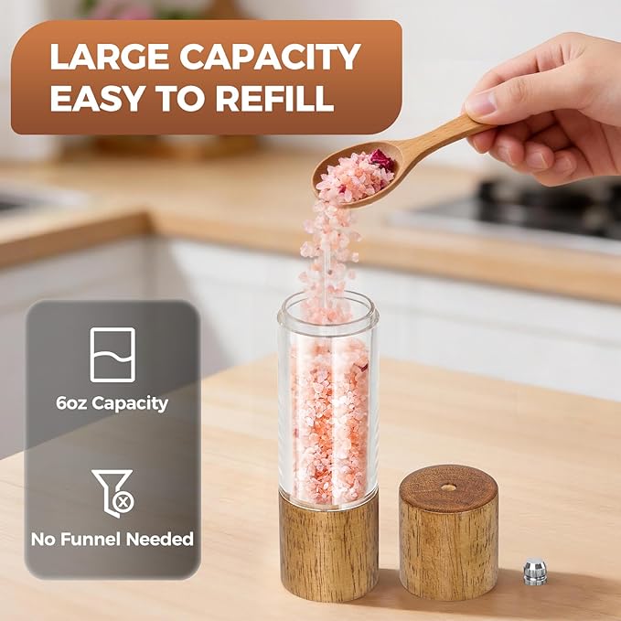2-Pack Wooden Salt and Pepper Grinder Set - 8 Inch Manual Adjustable Ceramic Grinding, Refillable Acrylic Salt and Pepper Grinder Set, Custom Coarse to Fine Settings, for Home Dining & Gifts - Image 4