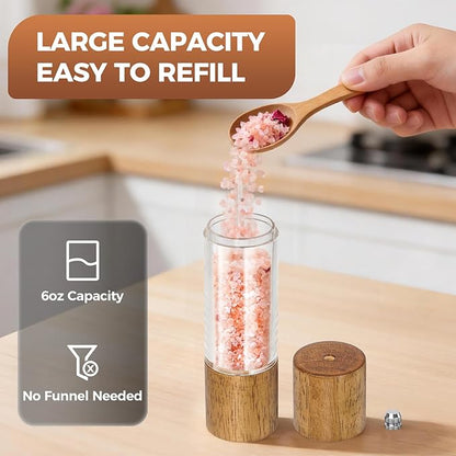 2-Pack Wooden Salt and Pepper Grinder Set - 8 Inch Manual Adjustable Ceramic Grinding, Refillable Acrylic Salt and Pepper Grinder Set, Custom Coarse to Fine Settings, for Home Dining & Gifts - Image 4