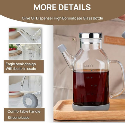 High Borosilicate Glass Oil Bottle-Olive Oil Dispenser for Kitchen-Soy Sauce and Vinegar Dispenser Bottle- Cooking Container Cruet-Oil Dispensing Bottles (Transparent, Small/550ml)