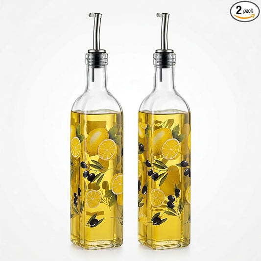 Topadorn 17 oz Olive Oil Dispenser Bottle Set for Kitchen, 2 Pcs Glass Oil Dispenser Bottle with Stainless Steel Pourers, 2 Packs of Napkins, Lemon