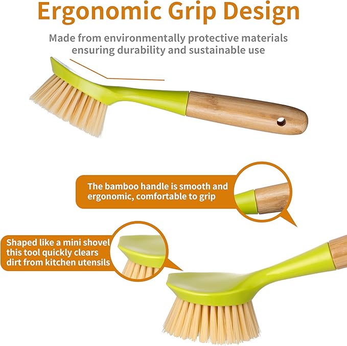 2 Pack Kitchen Dish Brush Bamboo Handle Dish Scrubber Built-in Scraper, Scrub Brush for Pans, Pots, Kitchen Sink Cleaning, Dishwashing and Cleaning Brushes are Perfect Cleaning Tools, Color-Green - Image 4