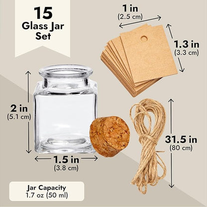 BLUE PANDA 15 Pack Small Glass Bottles with Cork Stoppers - Mini Jars with Cork Lids, Twine, and Blank Tags for Crafting & Spices - Small Bottles 1.7 Oz (50ml)