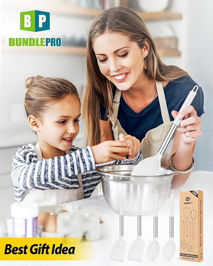 Pack of 4 Silicone Cooking Utensils Set, Non Stick Large Solid Spatulas, Heat Resistant Slotted Spoons, Ideal BPA Free Kitchen Turners for Frying, Mixing,Serving,Draining,Turning,Stirring (WHITE) - Image 7