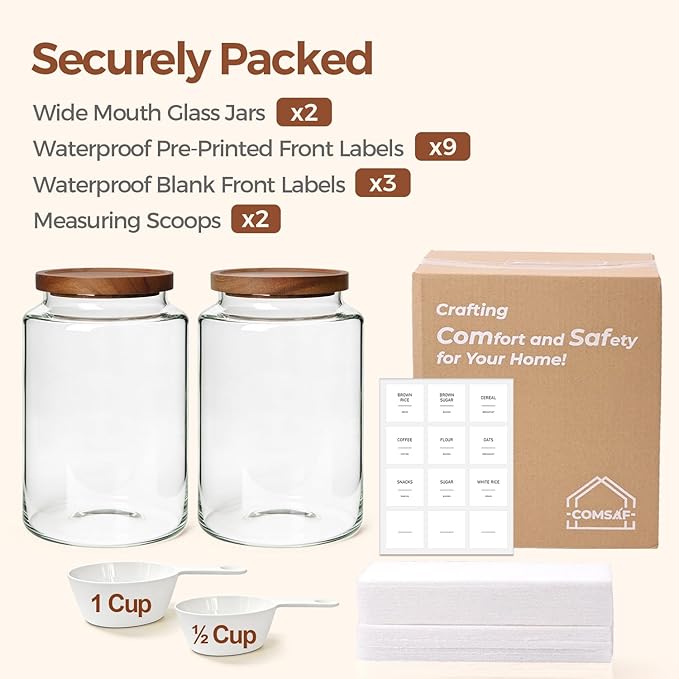 ComSaf 2Pcs (4.2Qt) Wide-Mouth Flour Sugar Storage Containers - Include Scoops & Labels, Easy to Scoop & Airtight, Large Glass Jar for Bakers to Store Bulk Flour, Rice, and Dry Goods in Kitchen Pantry - Image 8