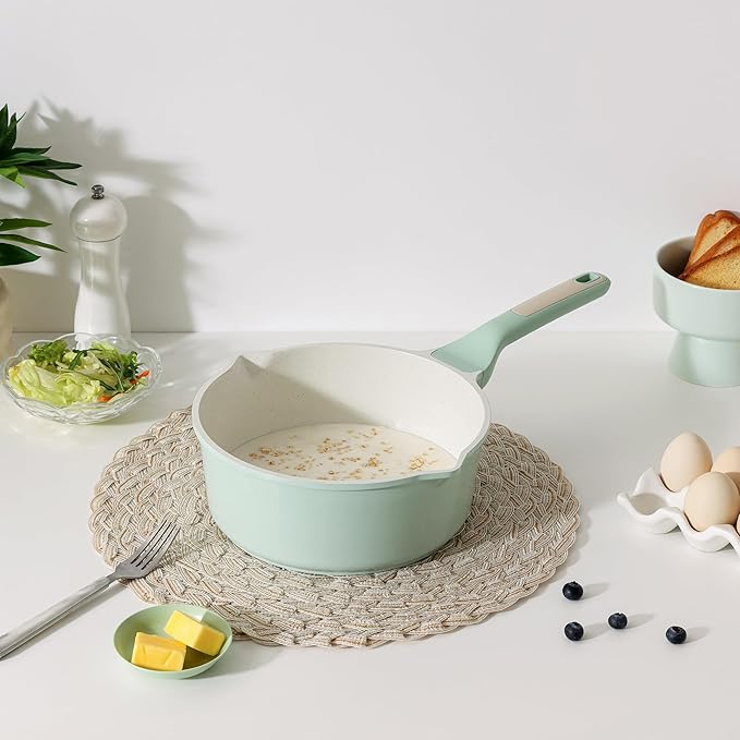 SENSARTE Ceramic Nonstick Saucepan with Double Pouring Spout 3.0 Quarts, Cooking Pot with Stay Cool Handle, Induction Compatible, Ceramic Coating, Free of Intentionally Added PFOA/PFAS, Green