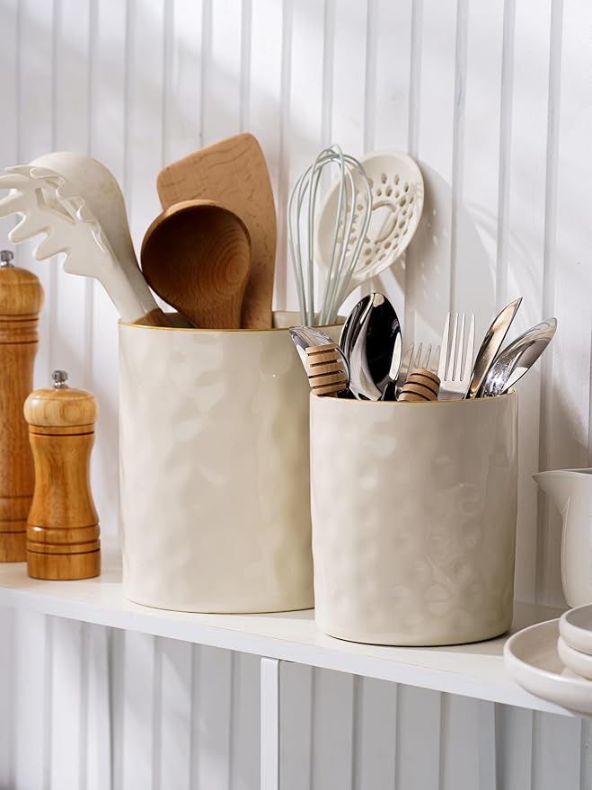 famiware Ocean Utensil Holder, 7.2"+5.8" Ceramic Kitchen Utensil Holder for Countertop, Cooking Utensil Crocks, Utensil Organizer for Spatula & Spoon, Kitchen Decor, Set of 2, Vanilla White - Image 2
