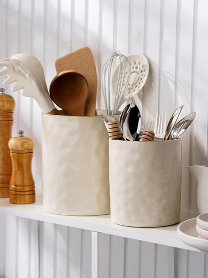 famiware Ocean Utensil Holder, 7.2"+5.8" Ceramic Kitchen Utensil Holder for Countertop, Cooking Utensil Crocks, Utensil Organizer for Spatula & Spoon, Kitchen Decor, Set of 2, Vanilla White - Image 2