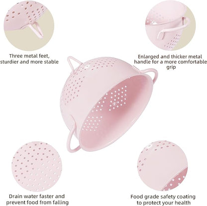 Metal Colander 5 Quart Powder Coated Self-draining Metal Strainer with Base,Kitchen Pasta Fruit Vegetable Basket with Double Handles (Pink)
