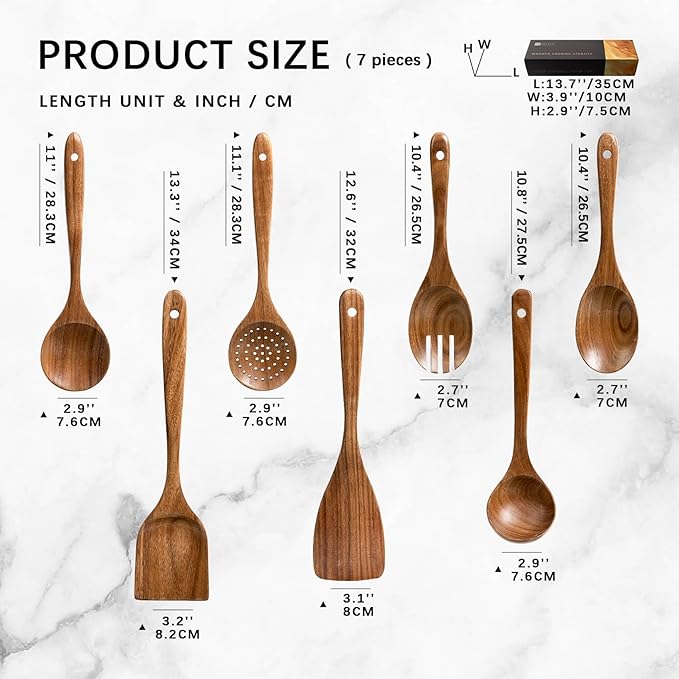 Wooden Spoons for Cooking, Nonstick Cooking Utensil Set with 7 Piece Acacia Wooden Spatulas and Spoons for Cooking, Terrific for Everyday Kitchen Tasks - Image 2
