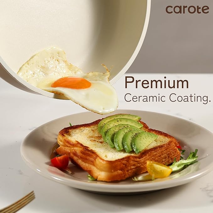 CAROTE 12Pcs Ceramic Pots and Pans Set Non Stick, Healthy Cookware Set, PFAS/PFOA Free, Kitchen Cooking Set with Frying Pans, Taupe - Image 3