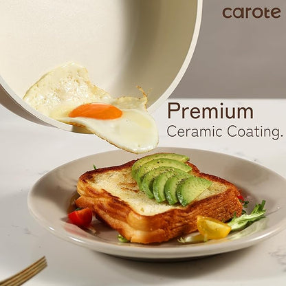 CAROTE 12Pcs Ceramic Pots and Pans Set Non Stick, Healthy Cookware Set, PFAS/PFOA Free, Kitchen Cooking Set with Frying Pans, Taupe - Image 3